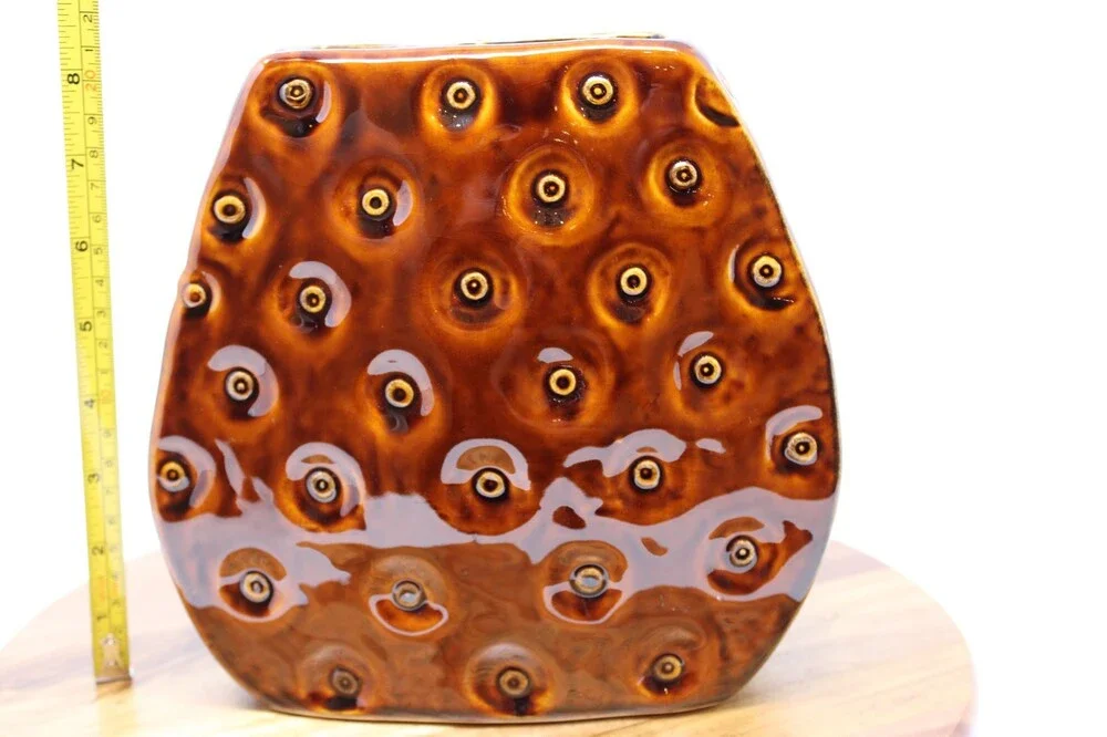 Mid Century Modern Brown Ceramic Circle Vase Dimpled Bullseye Studio Art Pottery